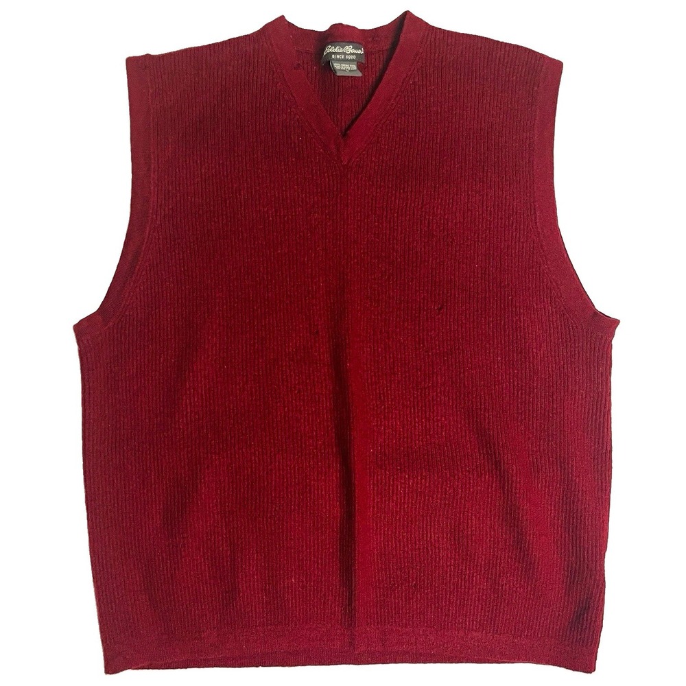 VTG Eddie Bauer Men's L Merino Wool Sweater Vest Burgundy V-Neck Sleeveless Knit